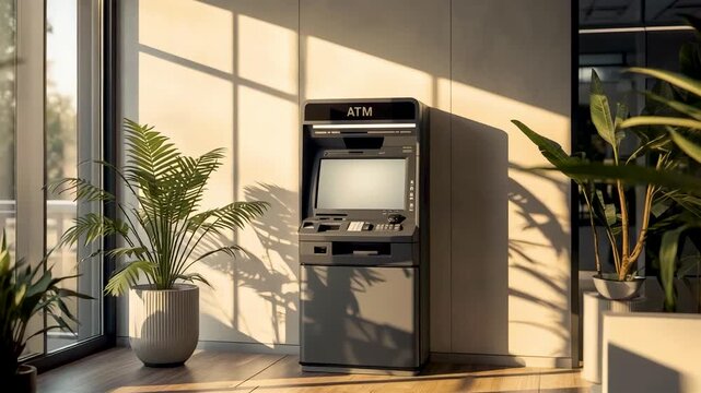 ATM machine kiosk in modern lobby with potted plants large windows sunlight casting shadows banking interior scene
