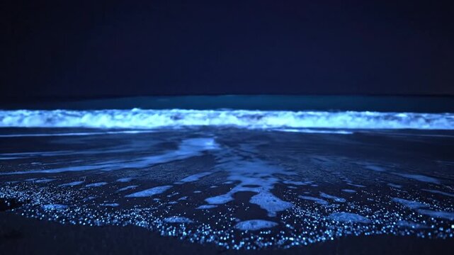 Bioluminescent Ocean Waves Glowing Blue at Night on Seashore Beach