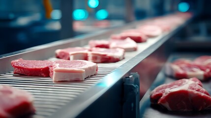 Multiple Raw Meat Steaks on a Long Industrial Conveyor Belt