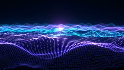 Abstract digital wave surface with glowing purple and blue particles creating a futuristic technology background.
