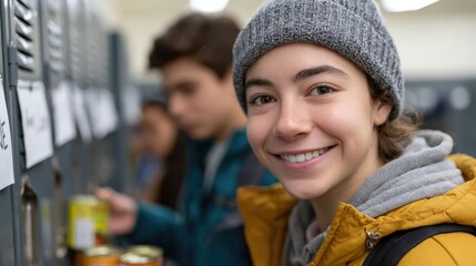 Smiling student in cozy beanie and jacket interacts at school lo