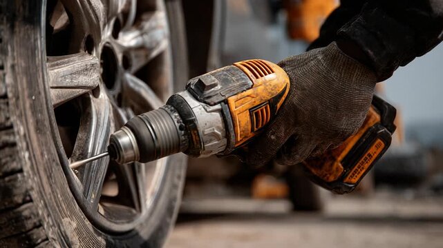 Mechanic Repairing Wheel Rim with Power Drill &ndash; Automotive Maintenance and Repair Workshop Scene