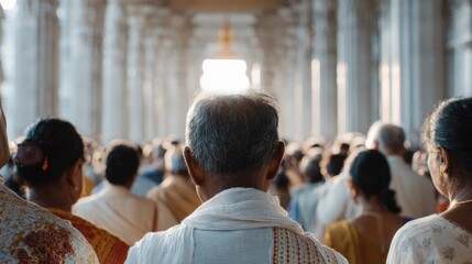 Crowd of worshippers in grand hall, illuminated by soft golden l