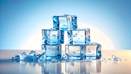 Pyramid of transparent ice cubes on reflective surface—blue gradient background with scattered fragments and droplets.