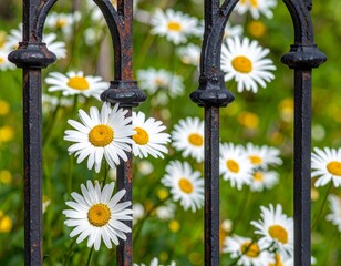 Close-up view of daisies blooming behind a black wrought iron fence in a garden.