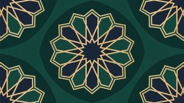 Islamic art background arabesque tile seamless vector pattern in green dark blue gold colors