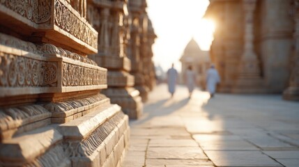 Intricate carvings decorate ancient temple pillars, capturing wa