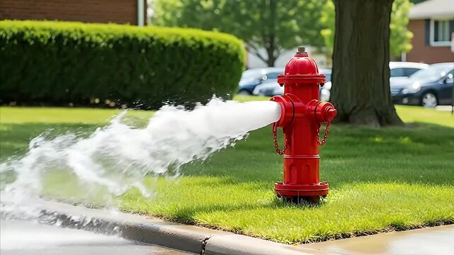Water spraying from a red fire hydrant on a suburban street corner