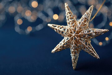 Golden star ornament glimmers against dark background, surrounde
