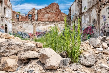 Derelict building facades showing urban decay with graffiti and rubble, green reeds thriving in a ruined city landscape