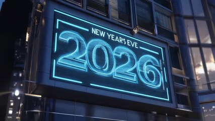 Vibrant Times Square New Year's Eve Celebration with Illuminated Digital Display and Festive Crowd.