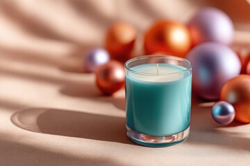 Candle glowing softly amidst colorful ornaments, creating serene
