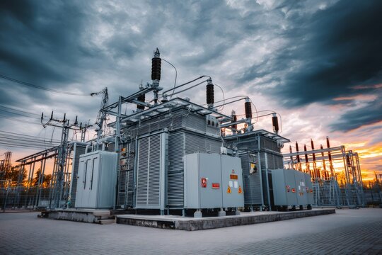 Electrical substation with high voltage transformers distributing energy under a dramatic sunset sky