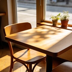 Empty Wooden Cafe Table and Chair near Window with Sunlight and Shadows