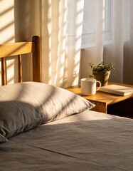 Cozy bedroom interior with morning sunlight streaming through sheer curtains onto unmade bed with linen sheets, wooden furniture, and coffee cup, calm domestic lifestyle concept without people