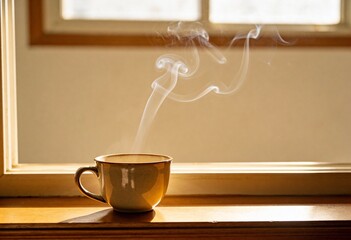 Hot ceramic cup of tea or coffee with visible steam smoke sitting on wooden window sill with warm natural light and blurred background, cozy winter mood