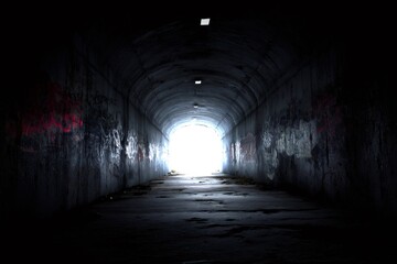 Obraz premium Dark concrete tunnel leading towards a bright light at the end, symbolizing hope, future, freedom, and exit