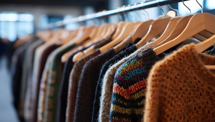 Rack of Colorful Knitted Sweaters in a Store knitwear