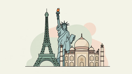 Obraz premium Simplified vector icons of international architectural monuments against soft background