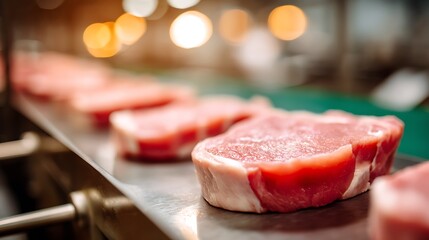Raw Meat Steaks Moving on a Conveyor Belt in a Food Factory