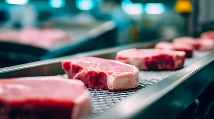 Raw Meat Steaks on Industrial Conveyor Belt in Processing Plant
