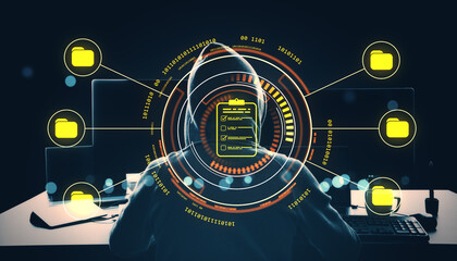 Cybersecurity concept with hooded figure accessing digital document folders through futuristic interface on dark background with neon highlights.