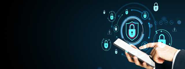 Cybersecurity lock icons shield data protection concept with person using smartphone on futuristic digital background for secure virtual network business.