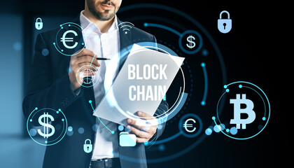 Businessman analyzing blockchain report with cryptocurrency holograms around him on abstract digital background in modern corporate setting.