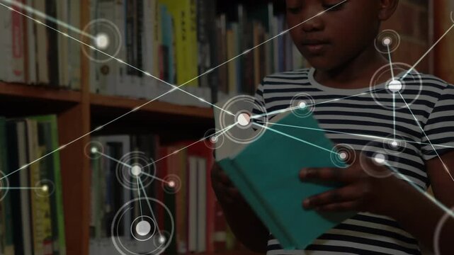 Animation of network of connections over african american schoolgirl in library