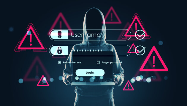 Hacker in hoodie holding laptop with digital login overlay and warning signs on dark background symbolizing cybercrime and online security threats. - Powered by Adobe