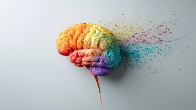 Colorful brain concept with exploding rainbow powder effect on white background.