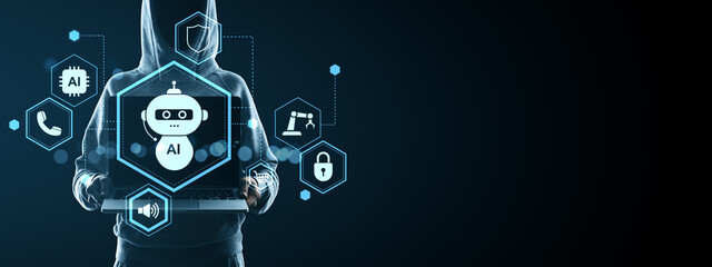 Chatbot AI technology concept with futuristic digital interface icons around hooded figure holding laptop on dark background for cybersecurity theme.