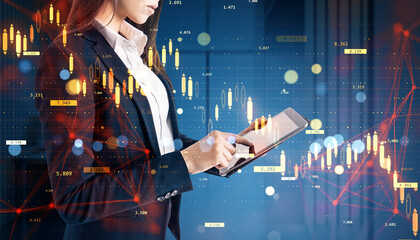 Businesswoman analyzing forex market charts on mobile device against digital financial background with falling stock indicators and data points.