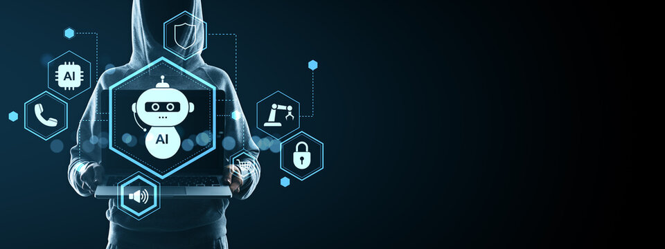 Chatbot AI technology concept with futuristic digital interface icons around hooded figure holding laptop on dark background for cybersecurity theme. - Powered by Adobe