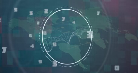 Animation of dna strands spinning and numbers processing over world map - Powered by Adobe