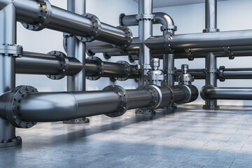 Fototapeta premium Industrial metal pipeline system with complex structure and reflections in a clean interior illuminated by soft ambient light background. 3D Rendering