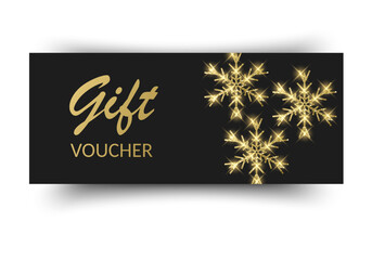 Elegant Black Gift Voucher with Golden Snowflake Design Sophisticated holiday gift card mockup isolated on white, perfect for premium brand promotions, Christmas seasonal sales, and luxury boutique in
