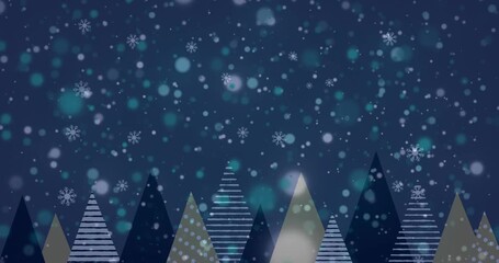 Spots of light and snowflakes falling over christmas tree icons on blue background with copy space - Powered by Adobe