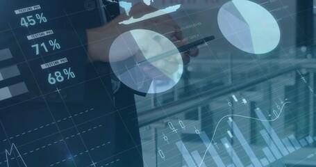 Animation of financial data and graphs over hands of caucasian businessman using smartphone - Powered by Adobe