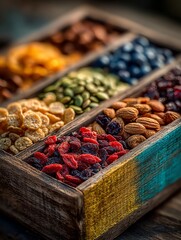 Rustic Wooden Box of Assorted Healthy Snacks and Cereals