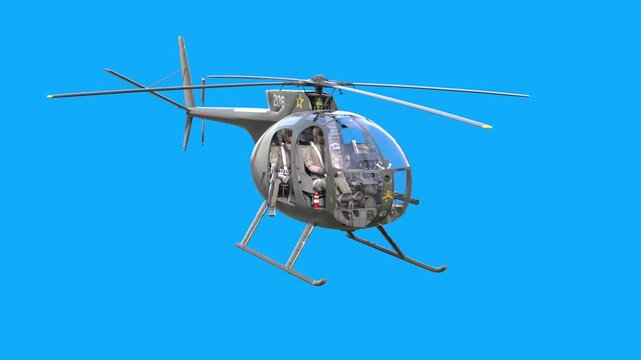 Hughes OH-6 Cayuse Military Helicopter 3D Animation on Blue Screen Background