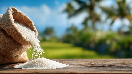 Rice Pouring from Burlap Sack onto Wooden Surface with Green Landscape