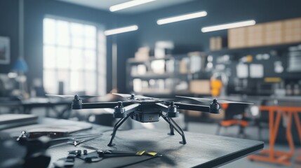 Fototapeta premium Modern spy drone prototype on table in tech lab, showcasing innovation in drone technology.