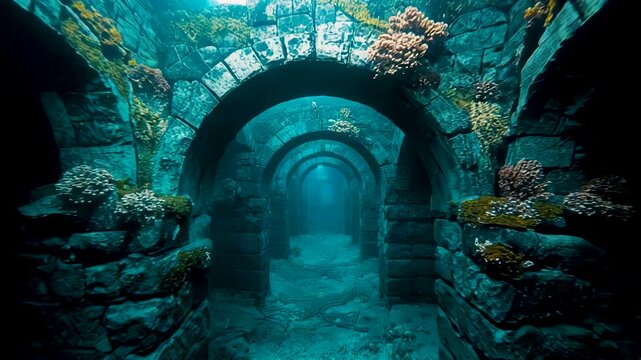 Underwater ancient stone arch tunnel coral encrusted walls submerged ruins mysterious blue ocean cavern passage