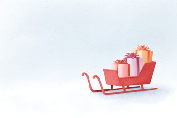 Red sleigh filled with colorful gifts, set against soft snowy ba