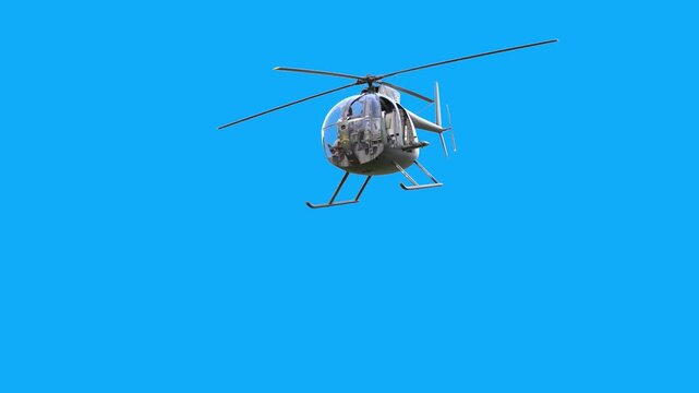 Realistic Hughes OH-6 Cayuse Helicopter Flying Loop 3D Render on Blue Screen
