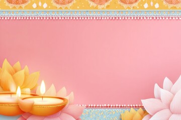 Soft pink background adorned with lotus flowers and lit candles,
