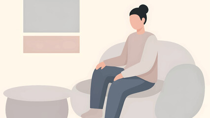 Minimal illustration of woman sitting on sofa in calm interior scene with soft pastel tones for wellness and lifestyle content