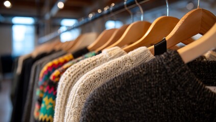 Row of knitted sweaters on wooden hangers in a store