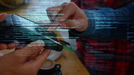 Animation of data processing over caucasian man paying and binary coding - Powered by Adobe